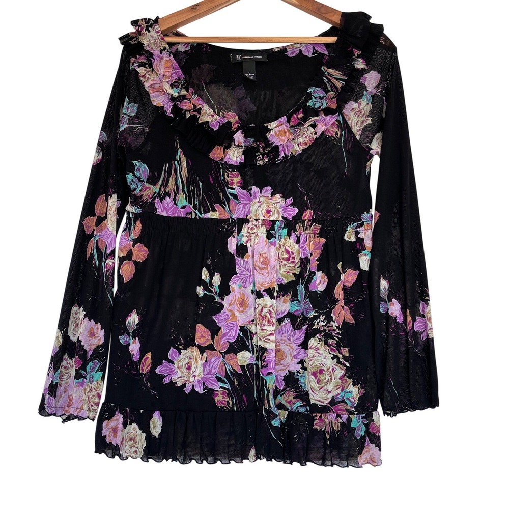 INC International Concepts Floral Mesh Ruffle Babydoll Top Black Purple L Y2K